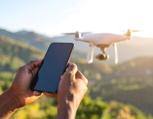 Modern aerial technology controlled with a smartphone over natural landscapes for inspection and