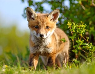 Fototapeta premium Cute fox cub in grass