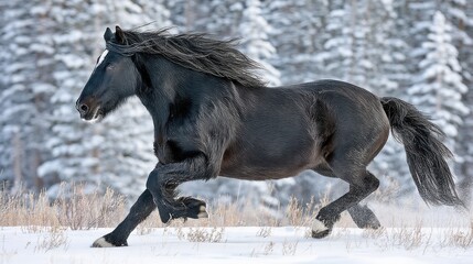 A black horse galloping through snow-covered landscape with a winter forest background