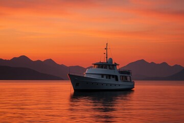 Fototapeta premium A Lone Yacht Cruising Through the Dusk Embrace of a Mountainous Coastline