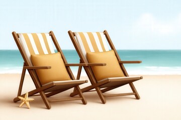 Tranquil beach scene with sunlit wooden lounge chairs adorned with yellow cushions inviting relaxation against a serene ocean backdrop and soft sandy shore evoking peace and leisure