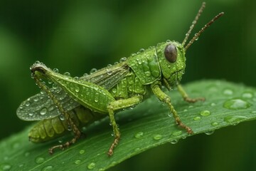 Fototapeta premium A Grasshopper Glistening with Water Droplets on a Lush Green Leaf