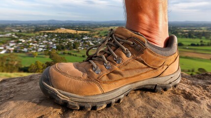 A rugged hiking shoe worn by a person standing outdoors on a rocky surface with a scenic landscape in the background
