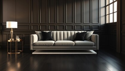 Light Beige Sofa with Black Pillows in Dark Room couch