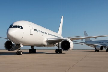 Fototapeta premium A fleet of pristine white commercial airplanes poised on a sunlit tarmac, ready for their next journey