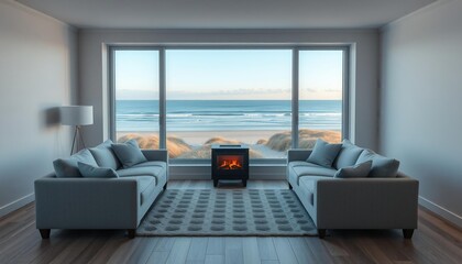 Living room with sofas and fireplace overlooking ocean beach