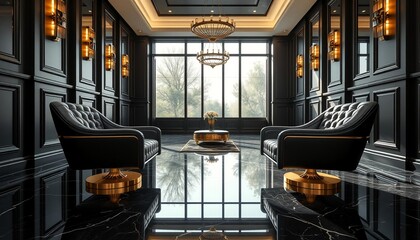 Luxurious black leather armchairs in a modern room with a large window