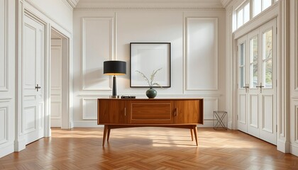 Mid century modern sideboard with lamp and artwork in white room