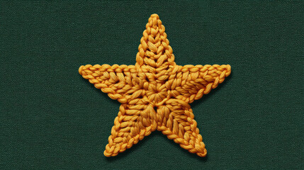 A crochet-style yellow star patch, isolated on a solid dark green background. With a warm and cozy vibe. Minimalist. 3d illustration.