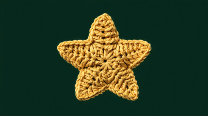 A crochet-style yellow star patch, isolated on a solid dark green background. With a warm and cozy vibe. Minimalist. 3d illustration.
