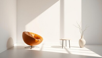 Orange swivel chair and vase with branches in bright minimalist room