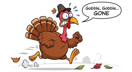 A funny Thanksgiving cartoon of a scared turkey running away, saying "Gobble, Gobble... GONE". A humorous holiday illustration