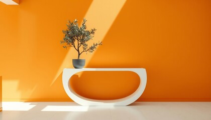 Orange wall with modern white console table and potted plant
