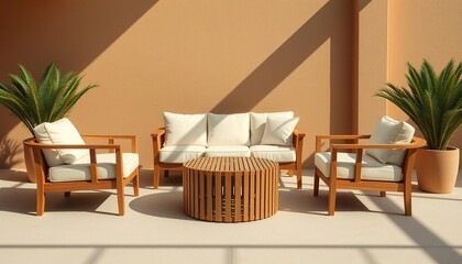 Outdoor wooden furniture set with plants and shadow