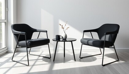 Two black armchairs flanking a small round table with a vase and mug