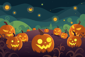 Fototapeta premium Magical Pumpkin Patch at Twilight with Dozens of Jack O' Lanterns