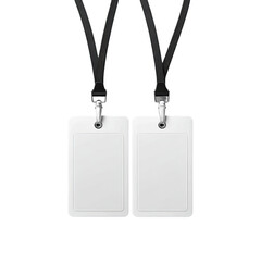 Two blank white ID badges hanging on black lanyards