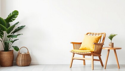 Wooden chair with yellow cushion and plants potted plant