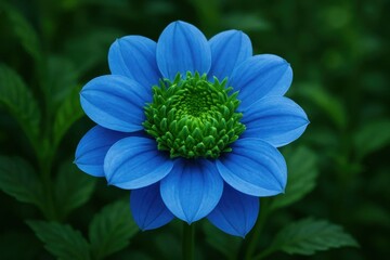 A solitary blue flower stands out against a verdant backdrop, its vibrant hue drawing the eye amidst the soft blur of green foliage