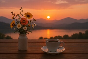 A Vase of Flowers and a Cup of Coffee at Sunset