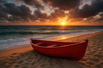 A Red Boat Awaits the Dawn at the Beach