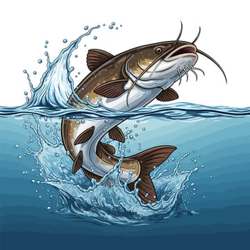 Detailed vector illustration of a catfish jumping from the water with a splash.