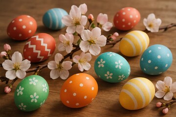A delightful assortment of Easter eggs adorned with pastel flowers on a rustic wooden surface