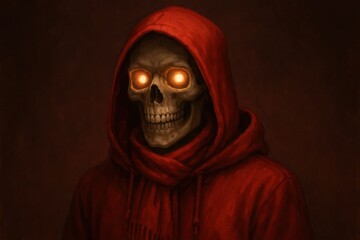 A spectral figure of mystery and power, embodying the essence of darkness in a vibrant red hood