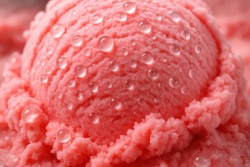 A close-up of a vibrant red ice cream speckled with clear water droplets, showcasing its refreshing texture and appealing visual contrast