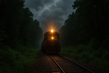 A solitary train journeys through a veil of darkness, its headlights piercing the obscurity as it ventures into the heart of a mysterious forest