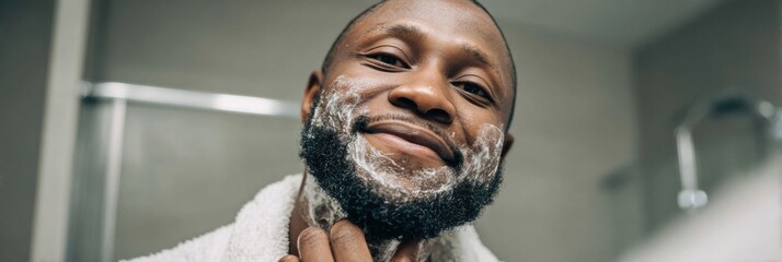 Man Enjoying Grooming Routine While Applying Shaving Cream in Modern Bathroom During Morning Hours