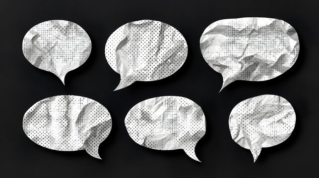 White speech bubbles cut out of crumpled paper trendy elements set. Dotted halftone social media clip art, modern retro vector illustration for mixed media design isolated on black background Stock Ve
