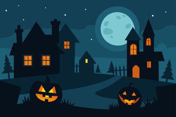 Eerie Halloween Village at Night with Glowing Pumpkins