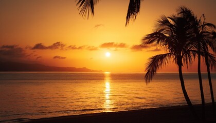 tropical sunset serenity silhouetted palm trees against a golden ocean vista