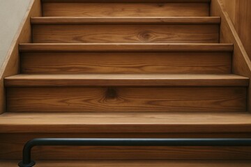 A Close-Up of Warmly Toned Wooden Stairs with a Metal Handrail