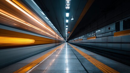 Fototapeta premium A dynamic view of a subway station with a speeding train, showcasing sleek lines and vibrant colors in a moody, urban setting.