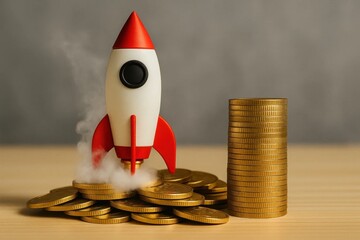 A Red Rocket Soars Above a Pile of Gold Coins