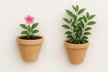 Fototapeta premium one blooming with a vibrant pink flower, and the other thriving in lush green leaves