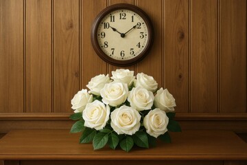 A Vase of White Roses on a Wooden Shelf with an Old-Fashioned Clock