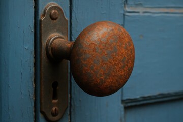 An antique door handle with a rusted surface stands out against a blue wooden backdrop, hinting at stories of time passed