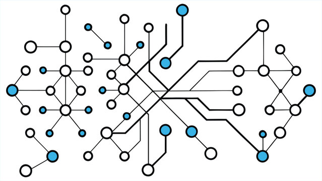 Abstract interconnected network of nodes and lines representing a complex digital system or data flow with blue highlighted nodes