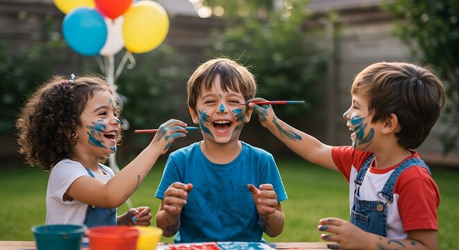 Three children painting each other&rsquo;s faces with washable paint during a backyard party, laughing and covered in color