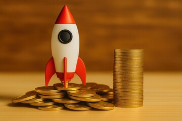 A Rocket Soars Over Piles of Gold Coins