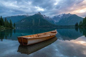 A wooden rowboat gently floats on a serene lake, reflecting the snowcapped mountains and cloudy sky at dusk
