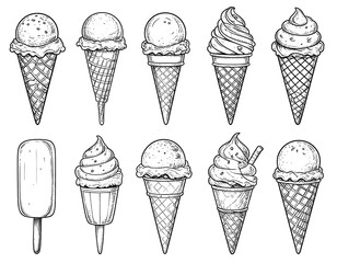 Monochrome Hand-Drawn Ice Cream Cones and Popsicle Illustration on White Background