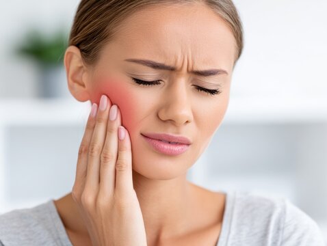 Close-up of woman with painful expression, touching cheek, red highlighted area shows pain source.
