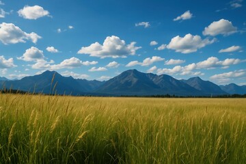 Fototapeta premium A Vast Prairie Under a Sky of Blue with Distant Mountains
