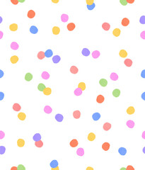 Colorful Seamless Vector Pattern With Confetti Rain. Hand Drawn Dots Scattered On A White Background. Polka Dots Of Rainbow Colors. Geometric Pattern With Multicolor Spots. Dotted Endless Print. 