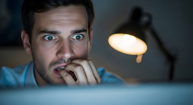 Man with short hair in blue shirt sitting in front of computer monitor with shocked expression in dimly lit room with warm lamp glow background blurred	