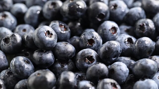 Slow motion from the side: blueberries fall and hit the juicy berry mound. Fresh, dynamic food shot.